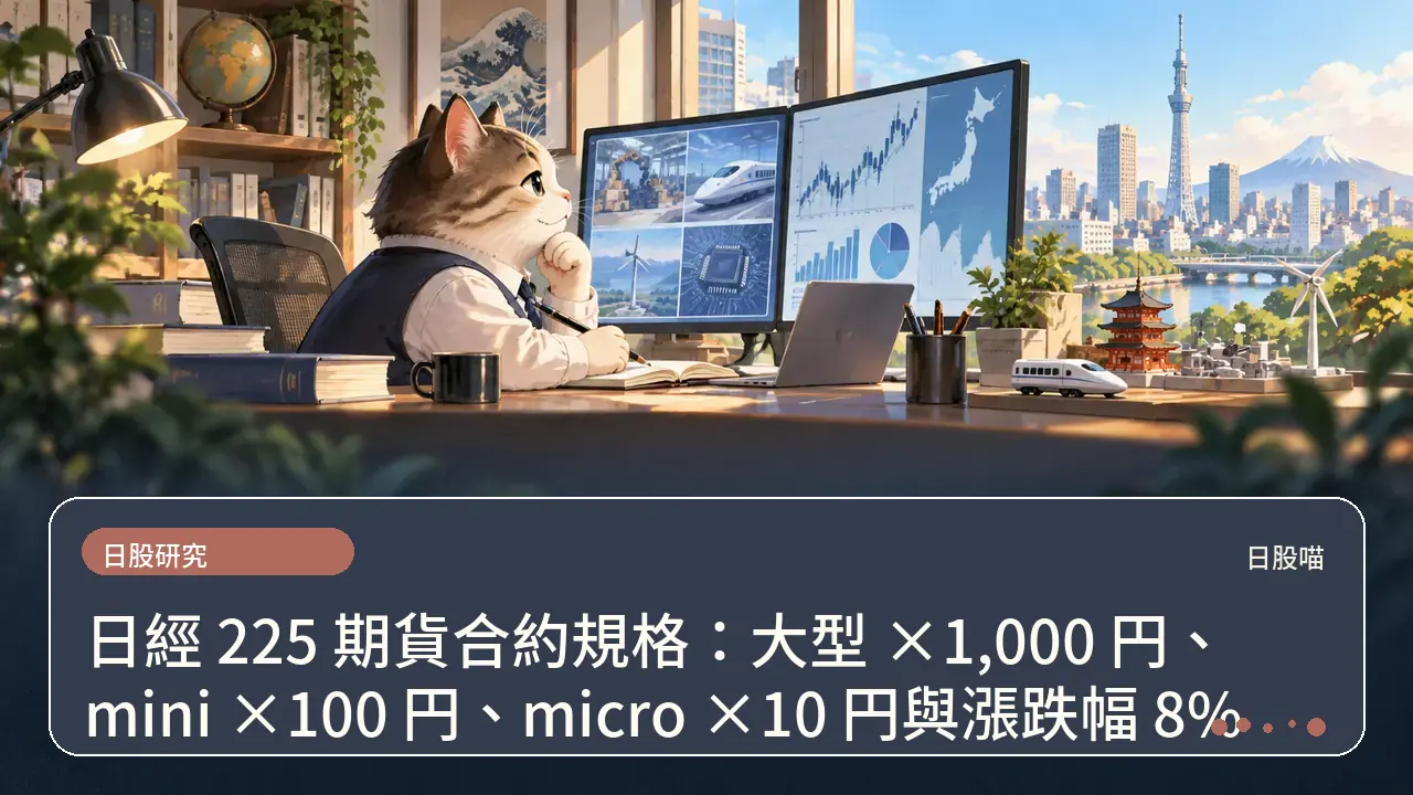 日經 225 期貨合約規格：大型 ×1,000 円、mini ×100 円、micro ×10 円與漲跌幅 8%主題插畫