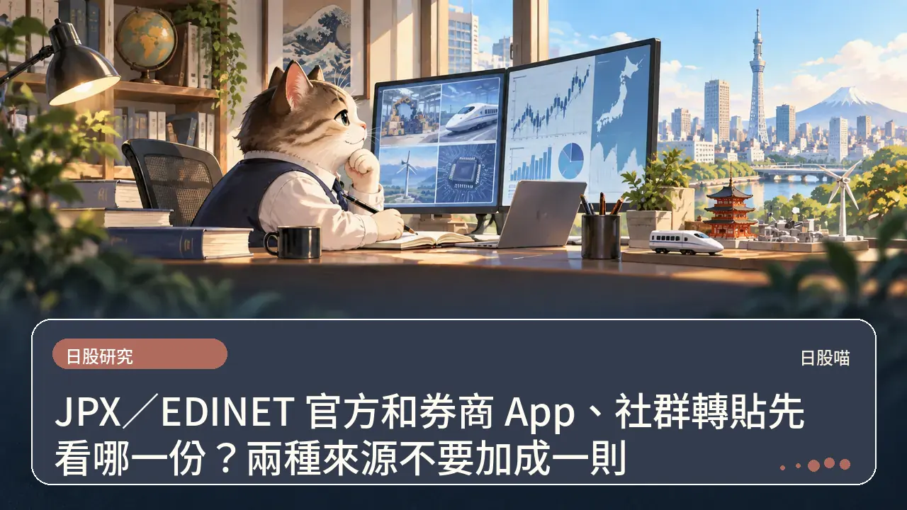 JPX／EDINET 官方和券商 App、社群轉貼先看哪一份？兩種來源不要加成一則主題插畫