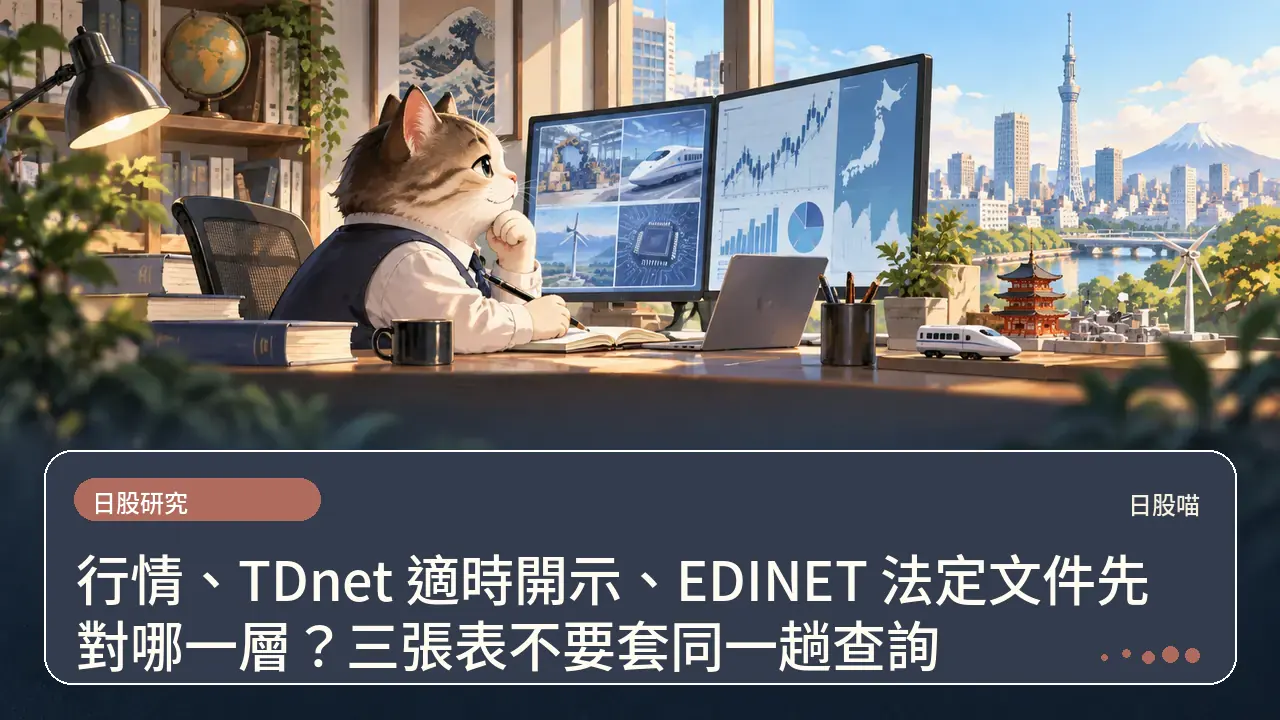行情、TDnet 適時開示、EDINET 法定文件先對哪一層？三張表不要套同一趟查詢主題插畫
