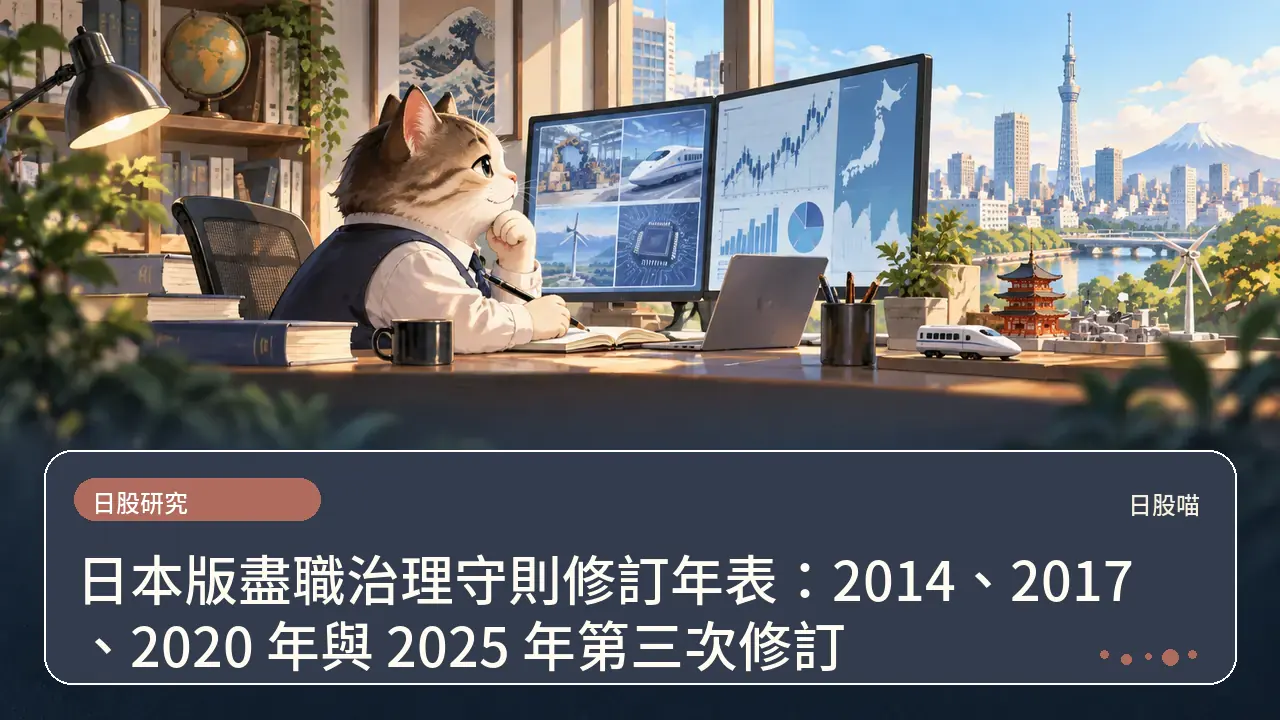日本版盡職治理守則修訂年表:2014、2017、2020 年與 2025 年第三次修訂主題插畫