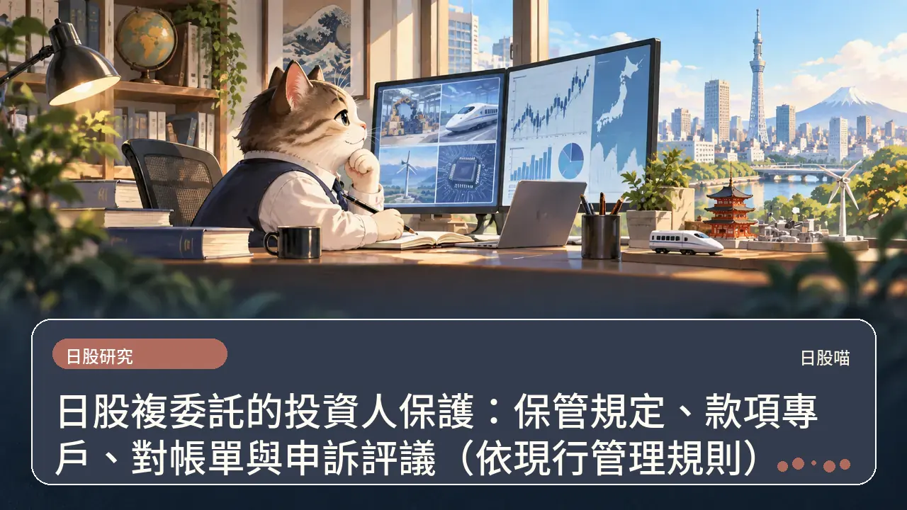 日股複委託的投資人保護：保管規定、款項專戶、對帳單與申訴評議（依現行管理規則）主題插畫