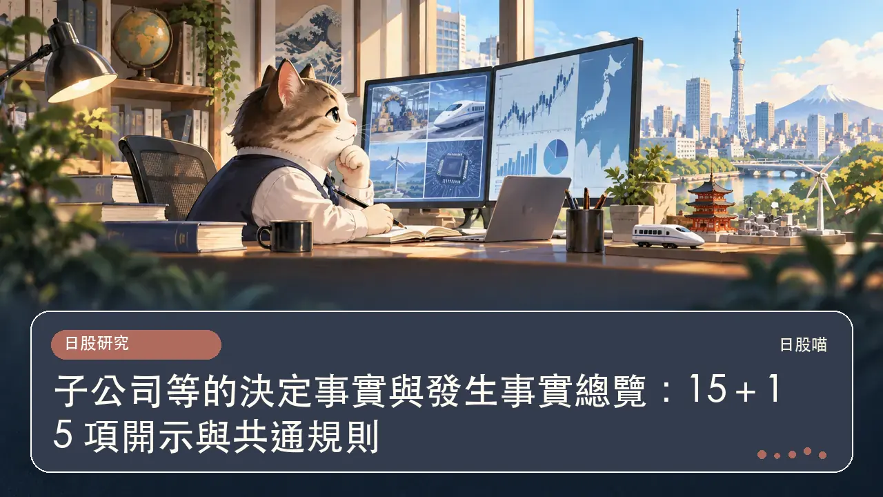 子公司等的決定事實與發生事實總覽：15＋15 項開示與共通規則主題插畫