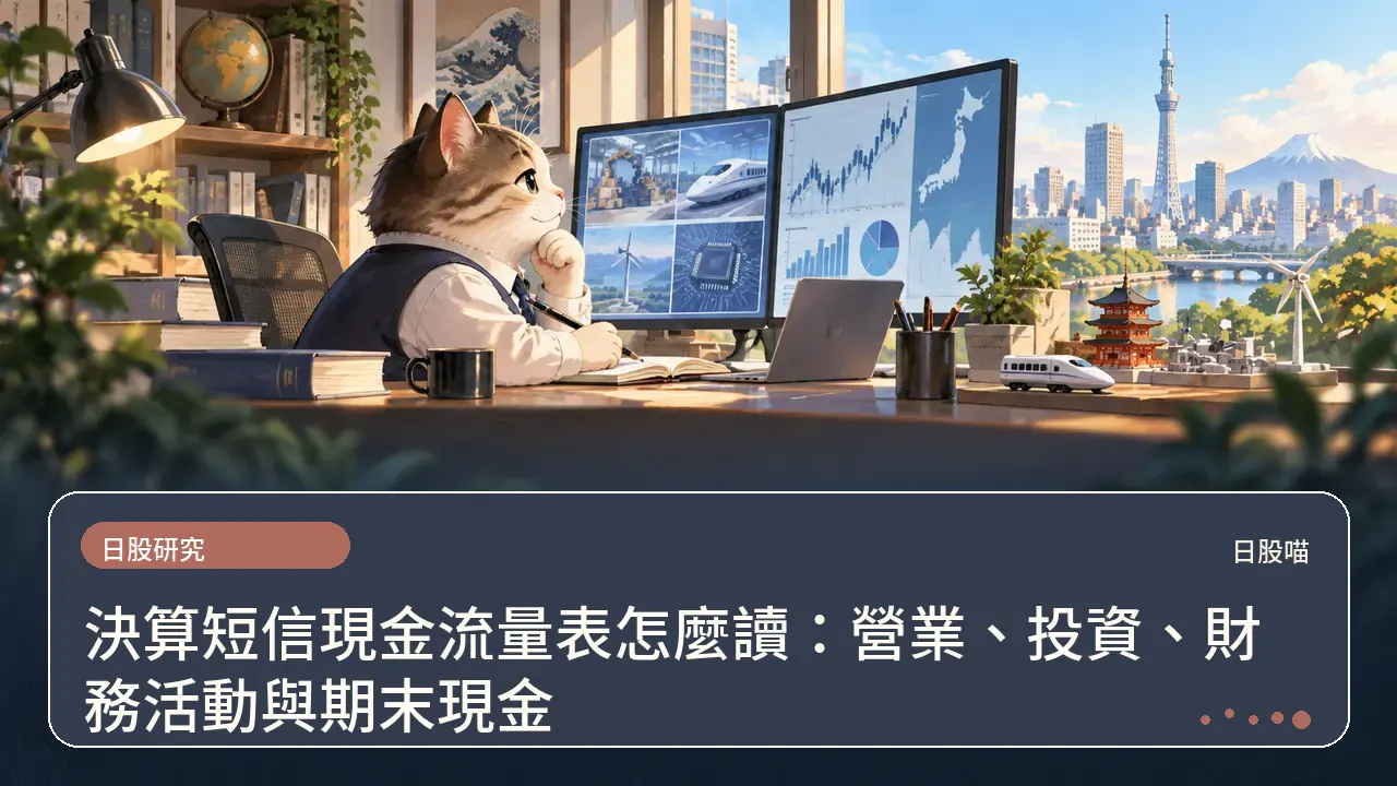 決算短信現金流量表怎麼讀：營業、投資、財務活動與期末現金主題插畫