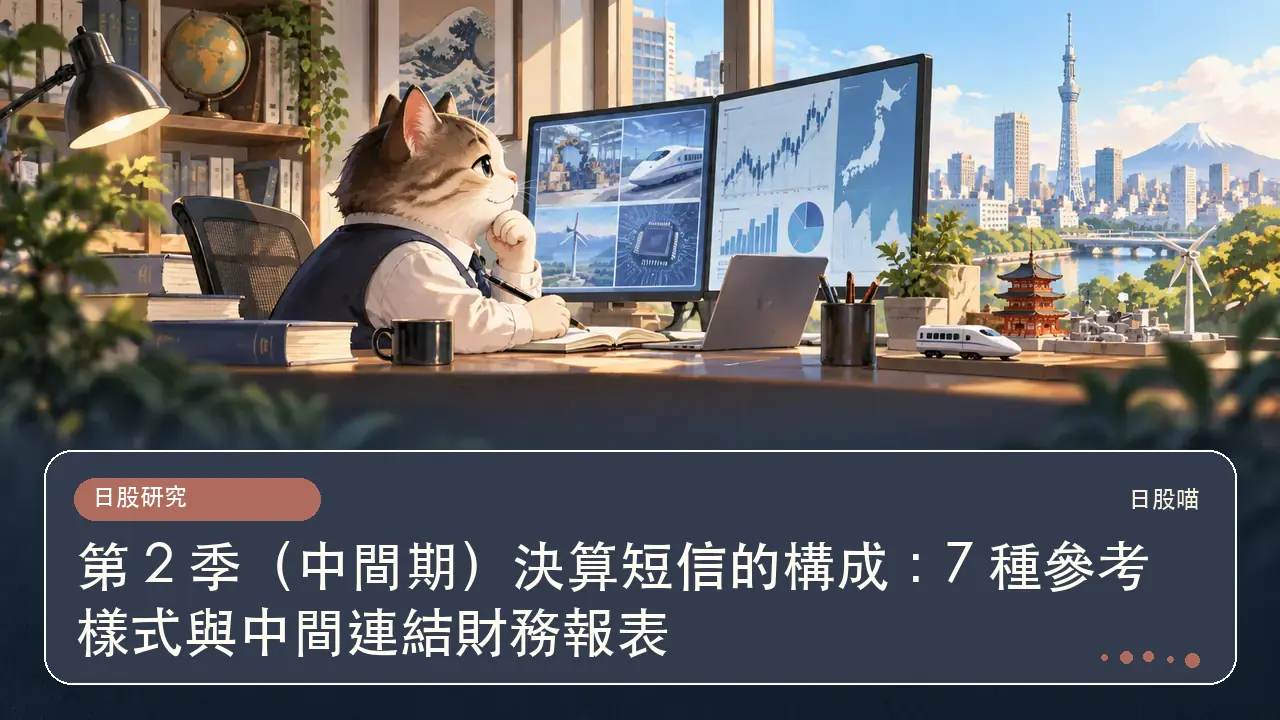 第 2 季（中間期）決算短信的構成：7 種參考樣式與中間連結財務報表主題插畫
