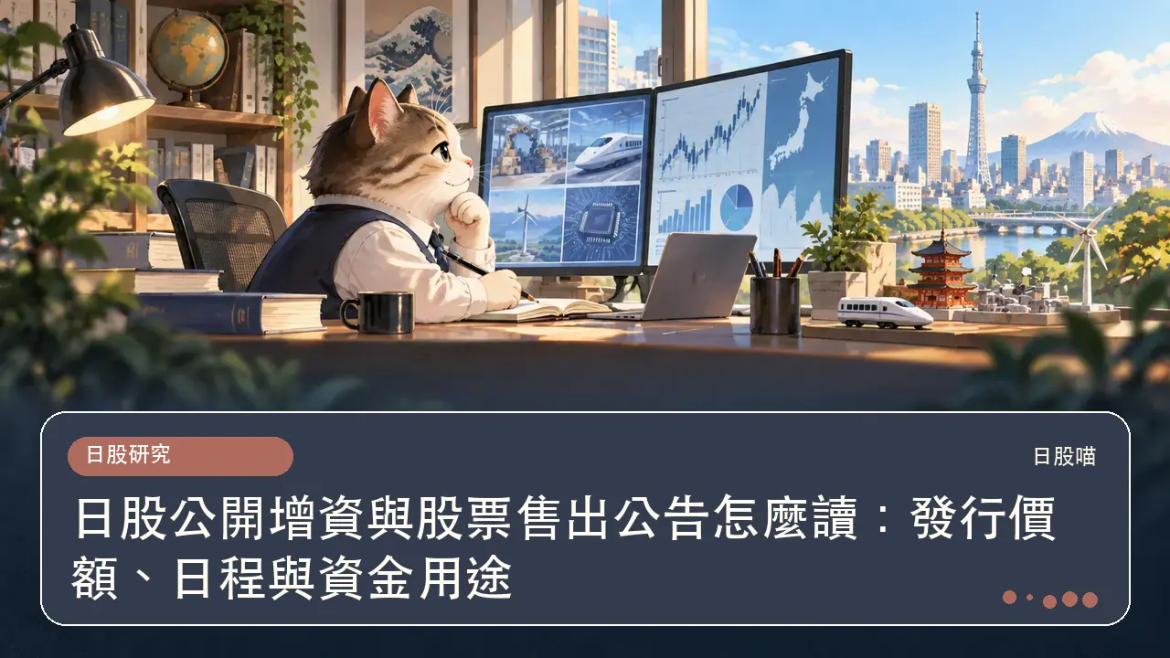 日股公開增資與股票售出公告怎麼讀：發行價額、日程與資金用途主題插畫
