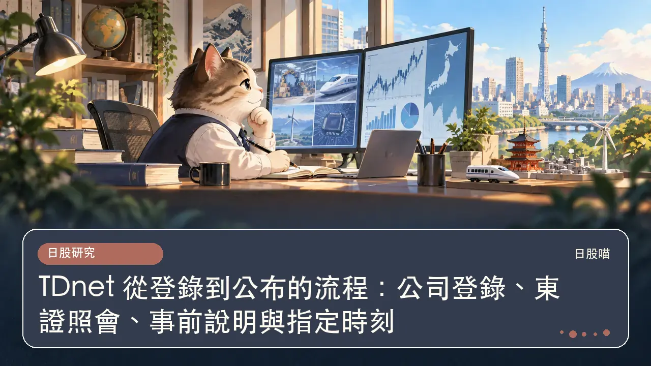 TDnet 從登錄到公布的流程：公司登錄、東證照會、事前說明與指定時刻主題插畫