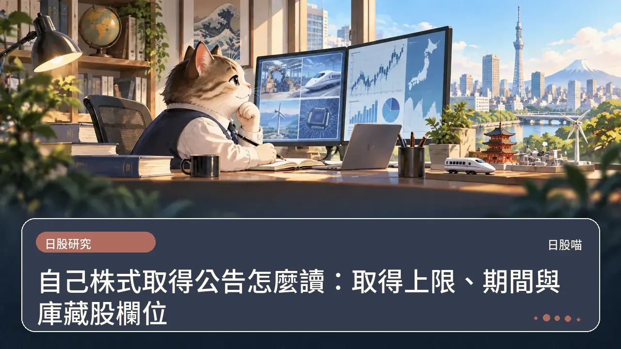 自己株式取得公告怎麼讀：取得上限、期間與庫藏股欄位主題插畫