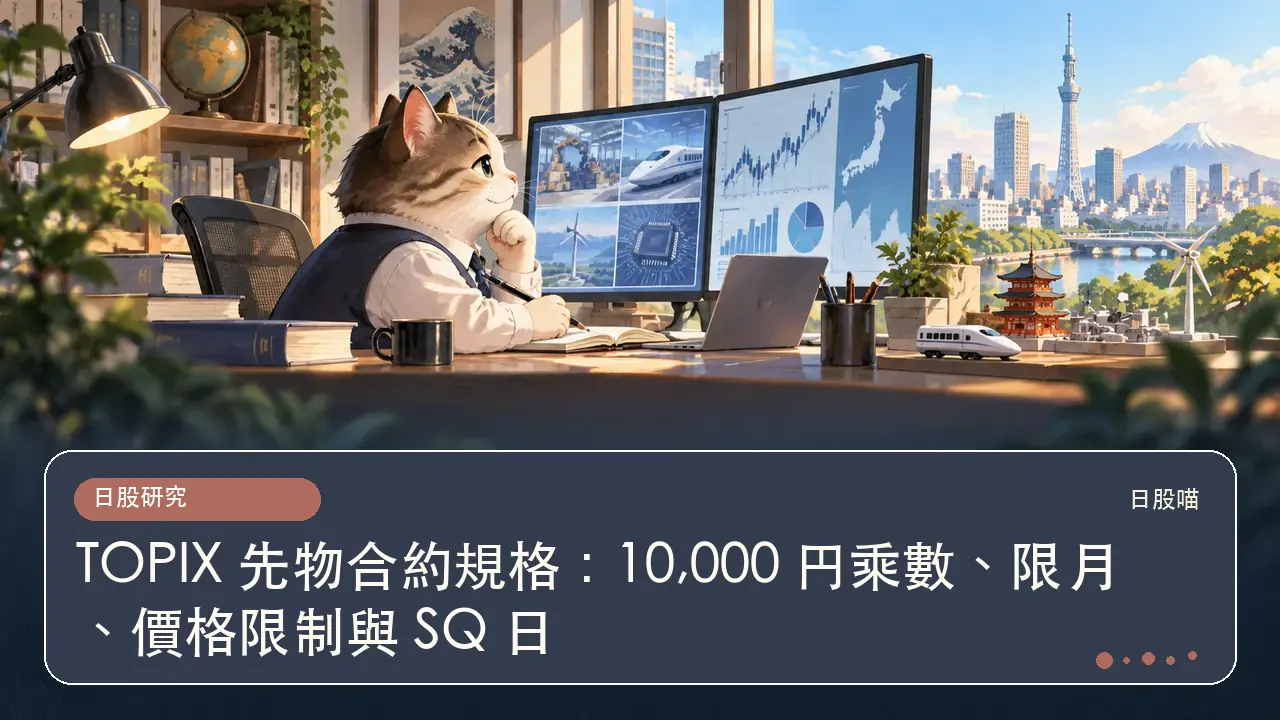 TOPIX 先物合約規格:10,000 円乘數、限月、價格限制與 SQ 日主題插畫