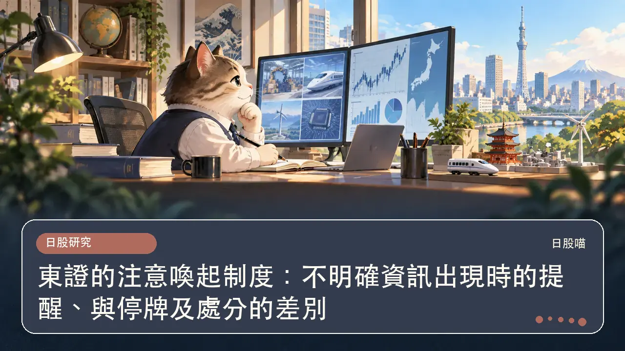 東證的注意喚起制度：不明確資訊出現時的提醒、與停牌及處分的差別主題插畫