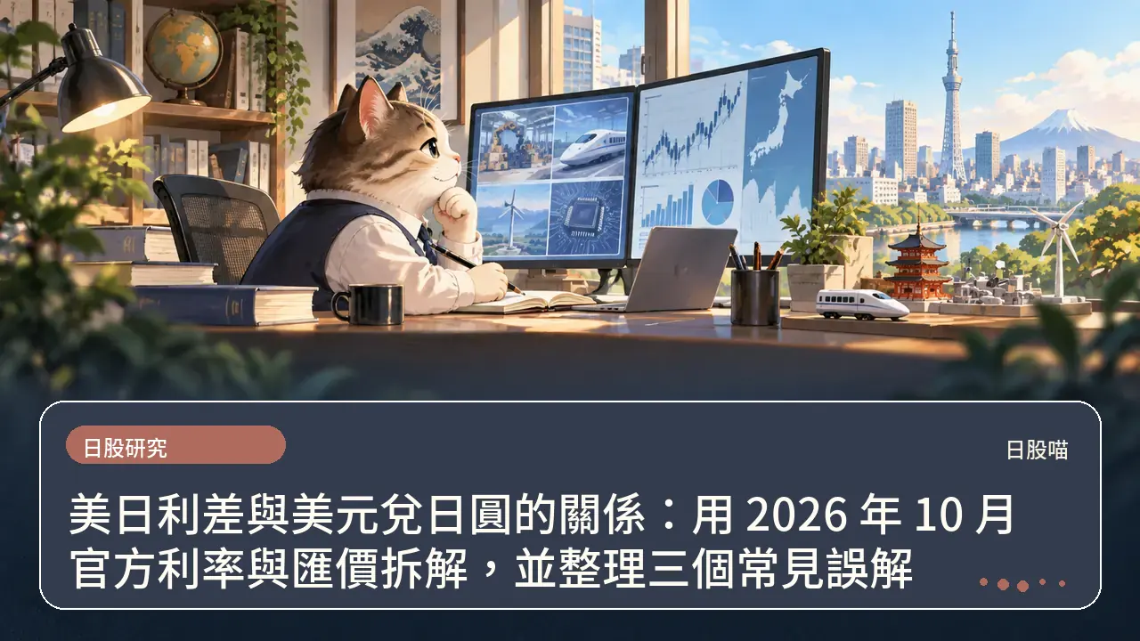 美日利差與美元兌日圓的關係:用 2026 年 10 月官方利率與匯價拆解,並整理三個常見誤解主題插畫